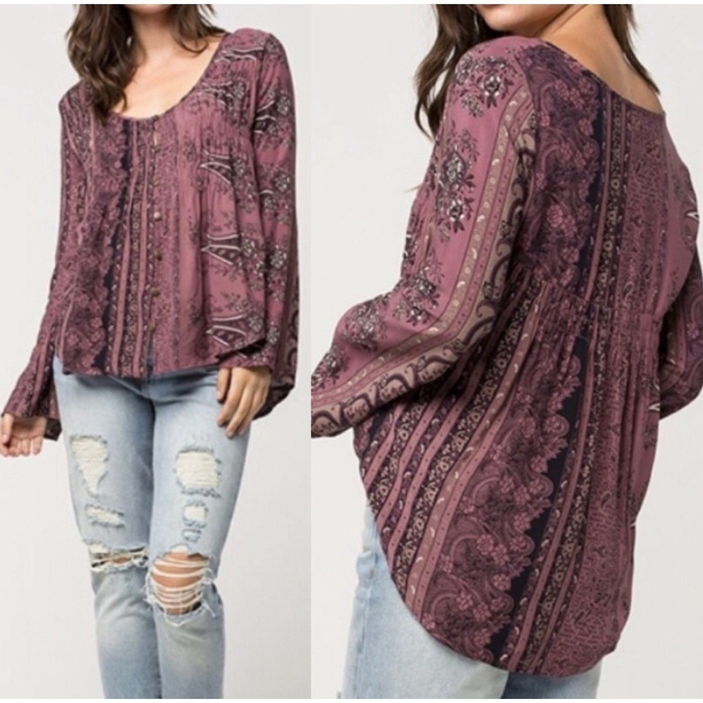 O'Neill Mauve Paisley Floral Boho Button Down Long Sleeve Blouse Women's Med EUC